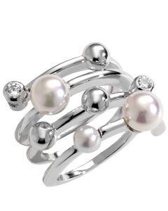 Majorica Bubbles ring sterling silver rhodium plated, 4/6mm round white pearls and cz