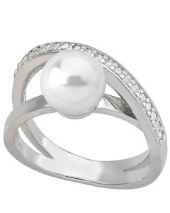Majorica Exquisite ring sterling silver rhodium plated 8mm round white pearl cubic zirconia - size 15
