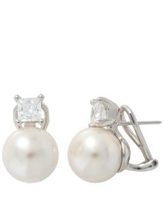 Majorica Selene 12mm Pearl and Square Zirconia omega clasp closure earrings