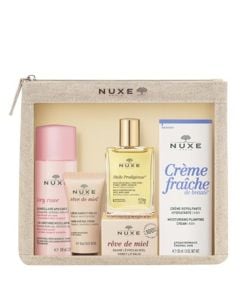 Nuxe Travel Essentials Set: Huile Prodigieuse® (10ml), Rêve de Miel® Hand and Nail Cream (15ml), Rêve de Miel® Ultra-Nourishing Lip Balm (15g), Micellar Makeup Remover Water (100ml) and Crème fraîche® de Beauté moisturizing cream(30ml).​