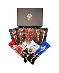 Sensaciones Gourmet Red Box: 5 packets of acorn-fed ham (100 g) + 1/2 acorn-fed chorizo (approx. 650 g) + 1/2 acorn-fed salchichón (approx. 650 g) + 1 bag of gourmet breadsticks