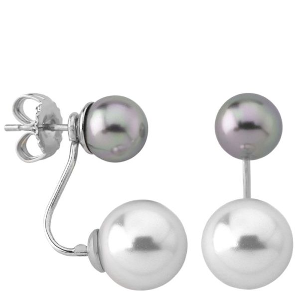 Majorica 14994.52.2.000.010.1 short earrings with rhodium-plated spike, 8 / 10mm round white and gray pearls