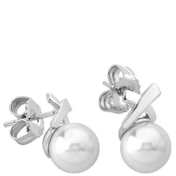 Majorica short earrings in rhodium-plated silver and 8 mm round white pearls