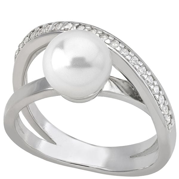 Majorica Exquisite ring sterling silver rhodium plated 8mm round white pearl cubic zirconia - size 15