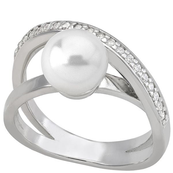 Majorica Exquisite ring sterling silver rhodium plated 8mm round white pearl cubic zirconia - size 17