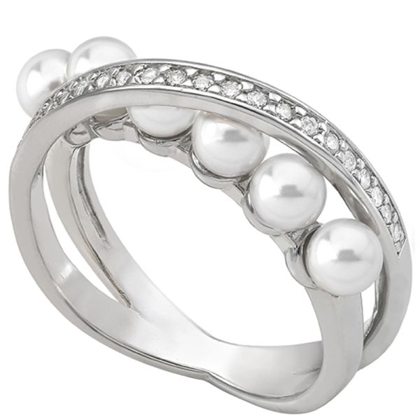 Majorica Exquisite ring sterling silver rhodium plated 4mm round white pearl cubic zirconia - size 15