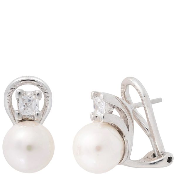 Majorica Selene 8mm Pearl and Zirconia spike omega closure earrings