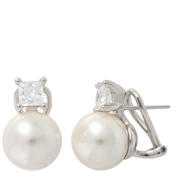 Majorica Selene 12mm Pearl and Square Zirconia omega clasp closure earrings