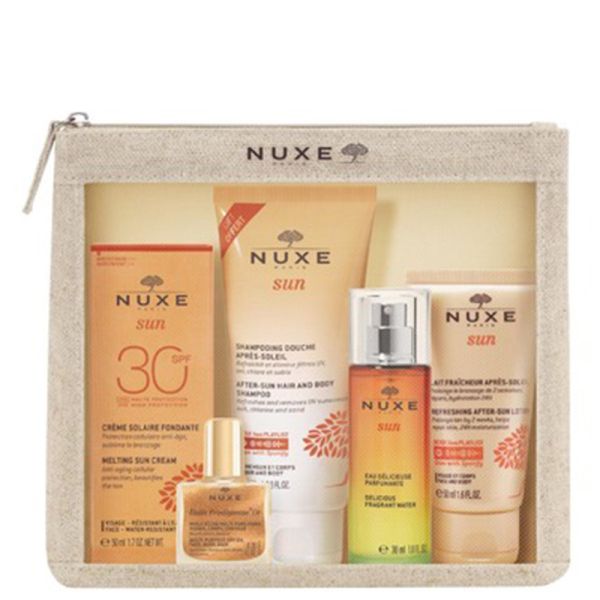 Nuxe Sunny Travels 24 set: Delicious Cream for face high protection spf 30 50 ml + after-sun hair and body shampoo 100 ml + Delicious fragrant water 30 ml + refreshing after-sun lotion 50 ml + Huile Prodigieuse or 10 ml