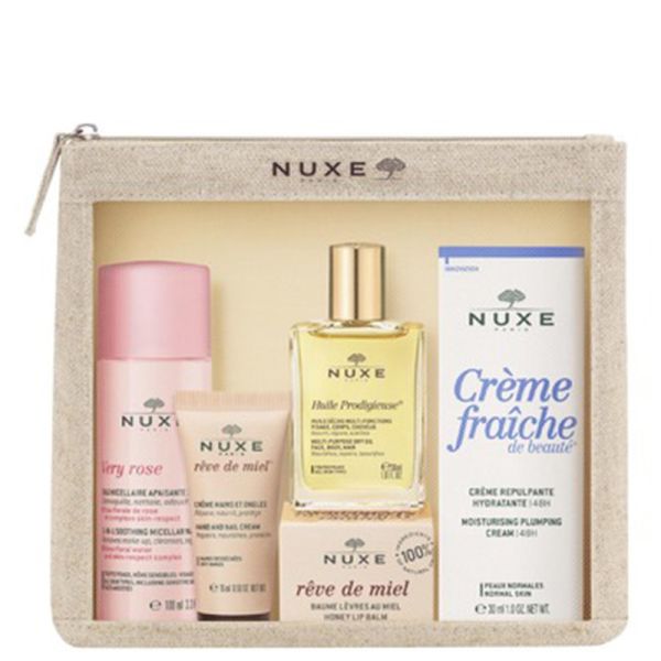 Nuxe Travel Essentials set: Rêve de Thé revitalising shower gel 30 ml / Rêve de Miel face cleansing and make-up removing gel 15 ml / Huile Prodigieuse dry oil 10 ml / crème fraîche de beauté 48h 15 ml / Rêve de Miel hand and nail cream 15 ml