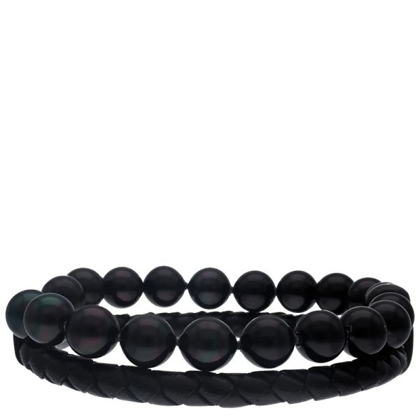 Majorica Sailor leather and black pearls 21 cm bracelet