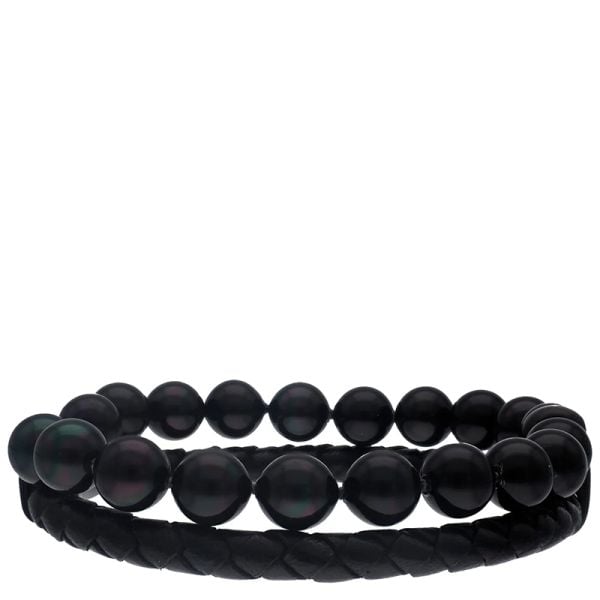 Majorica Sailor leather and black pearls 22 cm bracelet