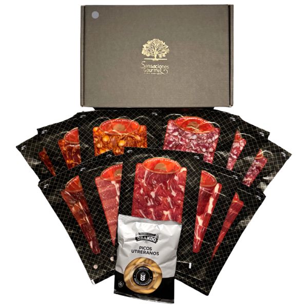 Sensaciones Gourmet Silver Box: 4 packets of Cebo Ham (100 g) + 3 packets of acorn-fed chorizo (100 g) + 3 packets of acorn-fed salchichón (100 g) + 1 bag of gourmet breadsticks