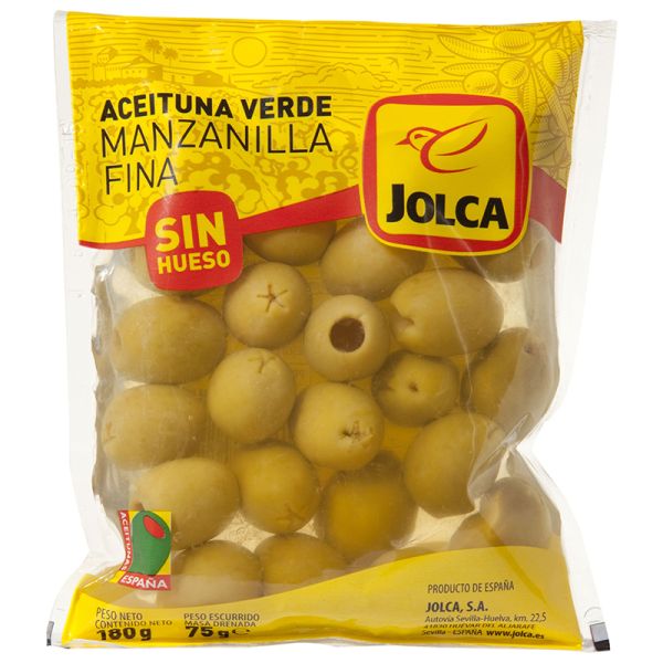 Pitted manzanilla olives Jolca 180 g bag