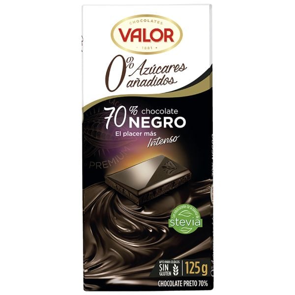 Dark chocolate 70% cocoa Valor no added sugar 125 g tablet