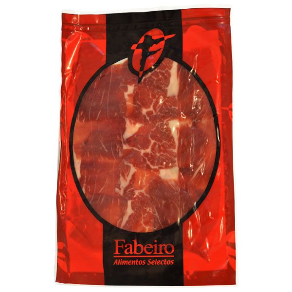 Sliced Iberian ham from acorn fed pigs Fabeiro knife cut 100 g approx. Package