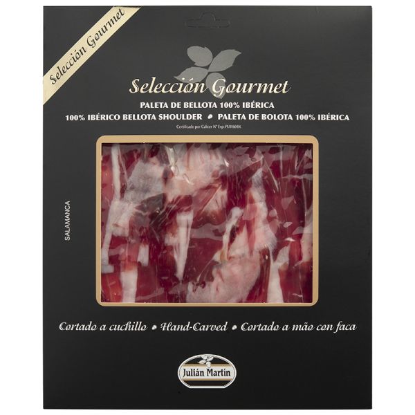 Sliced acorn-fed 100% Iberico pork shoulder ham Gourmet Julián Martín knife-cut 100 g package