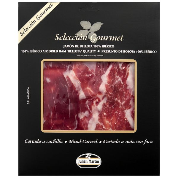 Sliced acorn-fed 100% Iberico pork ham Gourmet Julián Martín knife-cut 100 g package