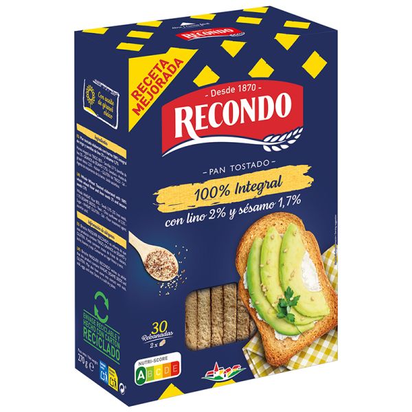 Toasted bread 100% whole wheat with sesame and flax Recondo 30 toasts 270 g