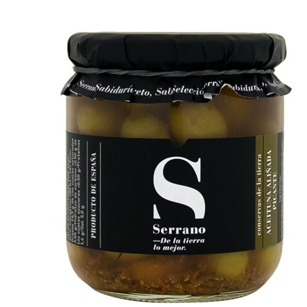 Spicy seasoned olives Conservas Serrano 360 g jar