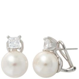 Majorica Selene 12mm Pearl and Square Zirconia omega clasp closure earrings